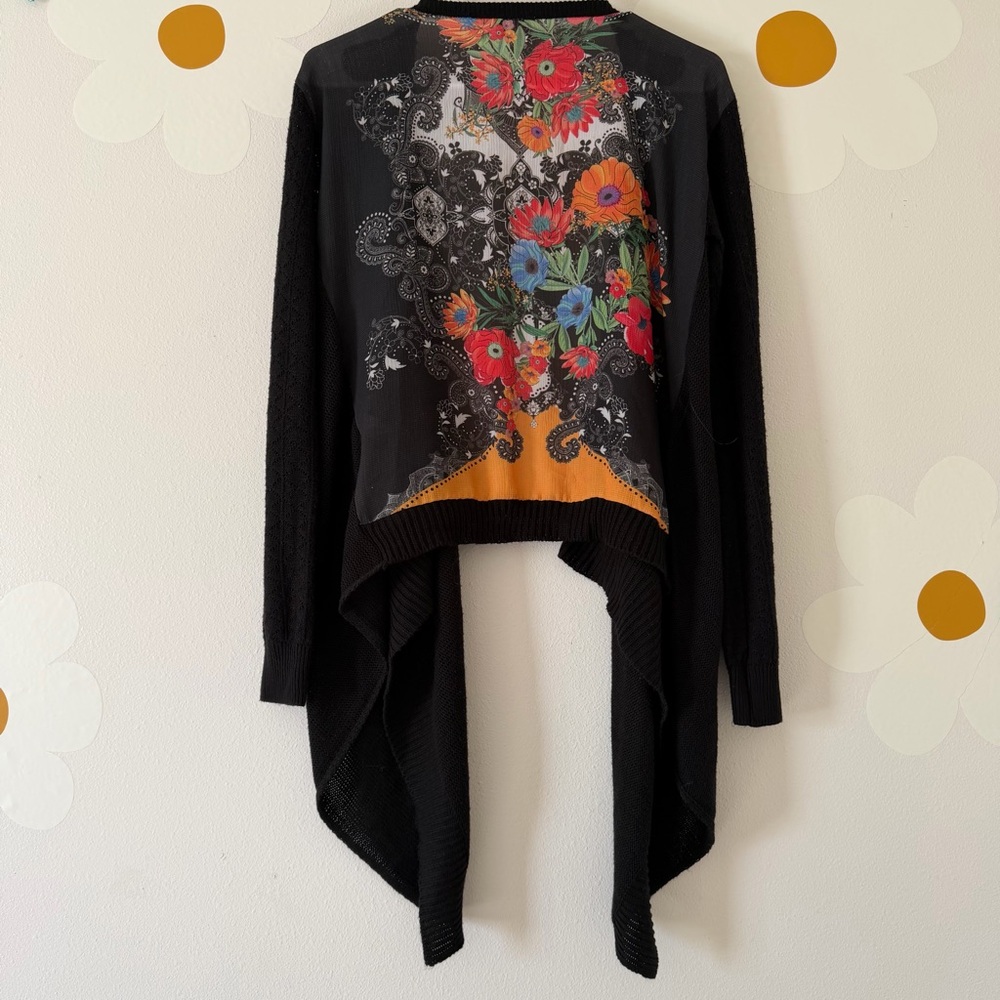 FARM Rio Y2K Black Waterfall Open Knit Cardigan with Sheer Floral Pattern Back